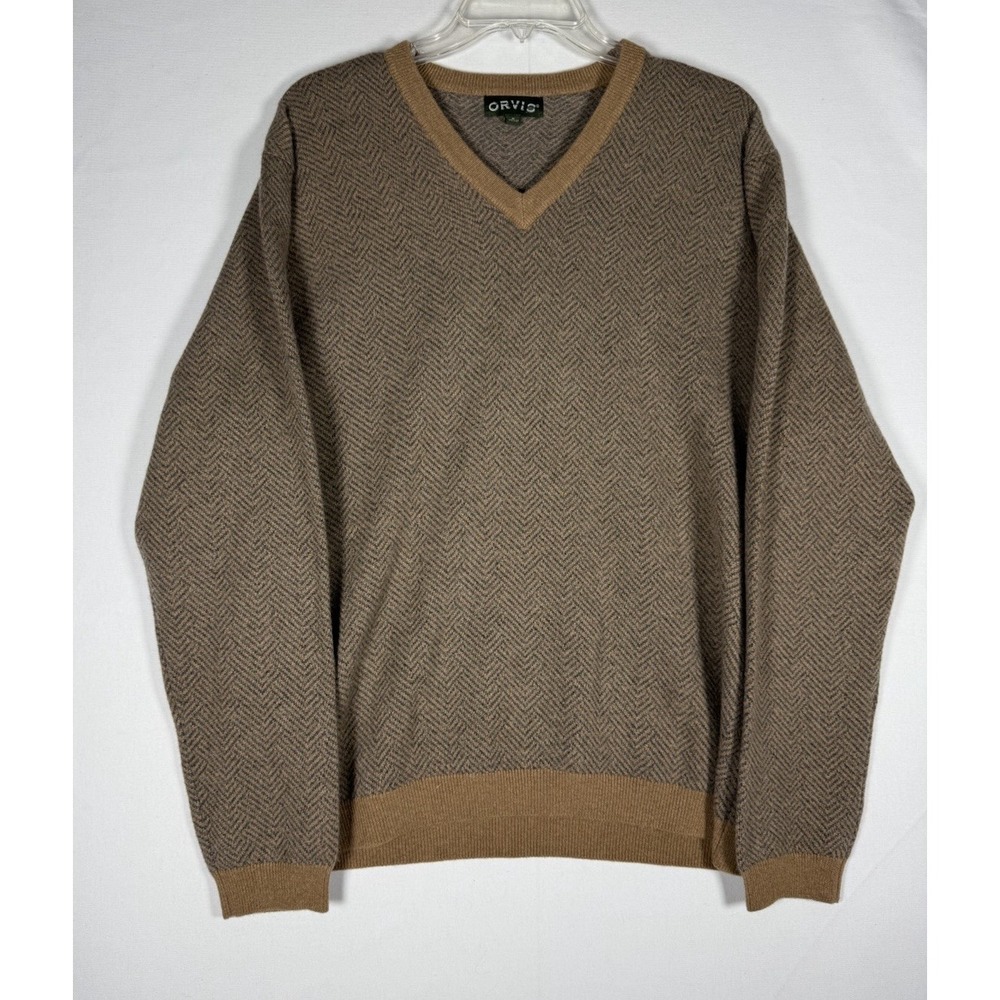 Orvis Sweater Mens Medium Brown Herringbone Cashmere V Neck Pullover Soft EUC